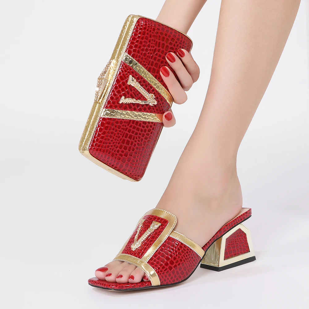 Elegant Women's Shoe Bag Set 2022 Summer New Fashion Letter Thick Heel Lady Slippers Suitable For Party Wedding Home Shoes