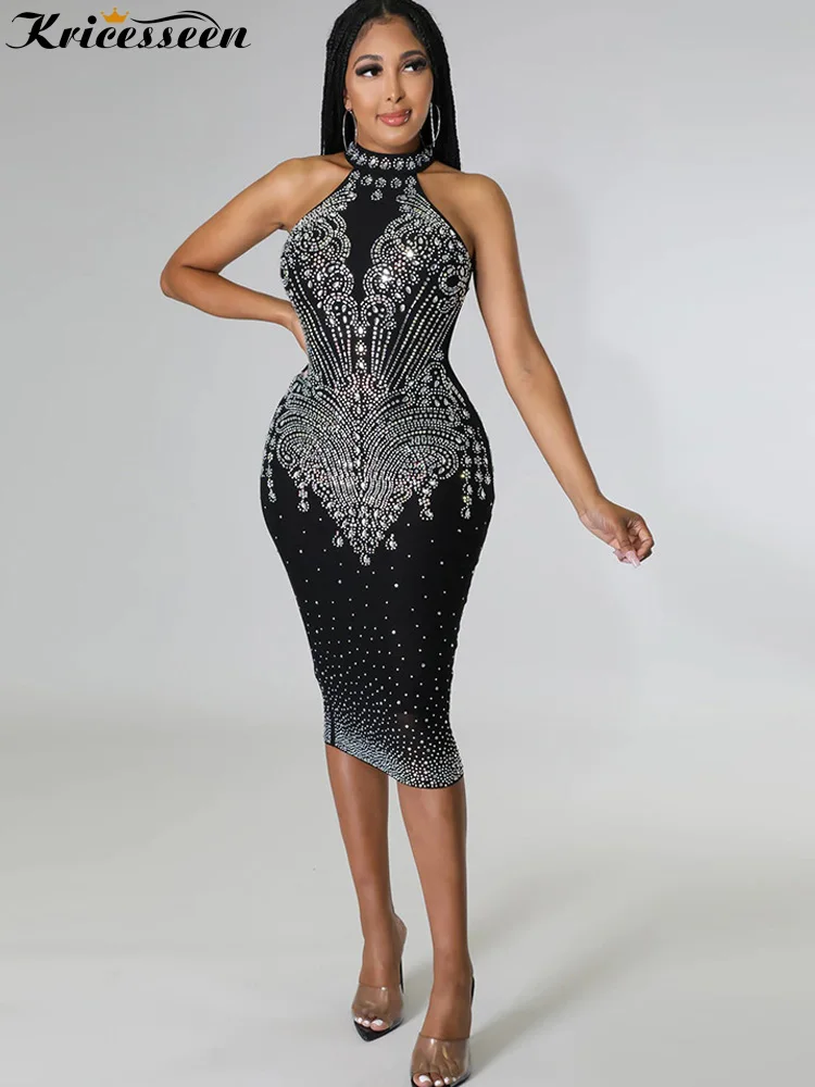 

Kricesseen Sexy Black Halter Rhinestone Crystal Bodycon Dress Fashion Womens Sleeveless Clubwear Midi Dresses Slim Outfit
