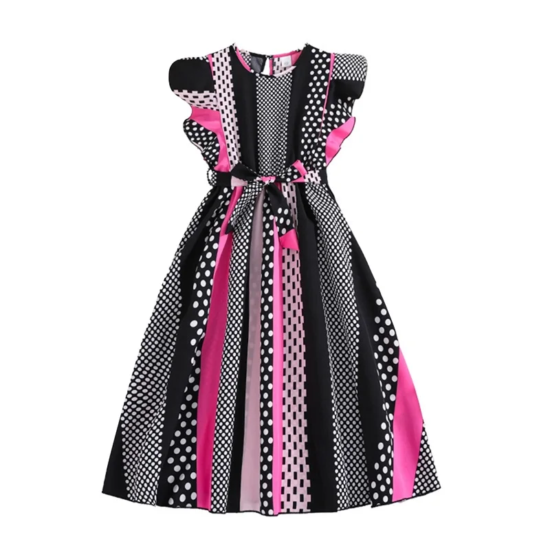 Платье детское летнее в горошек с круглым вырезом и поясом