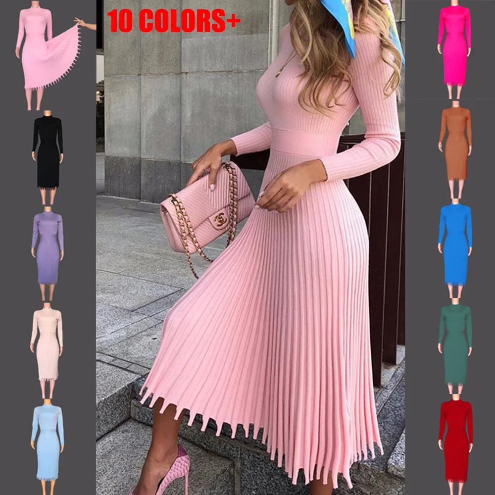 

2022 Autumn Winter Women's Medium Length Sweater Knitted Pleated Dresses Ladies Pink Office Work Dress Vestido