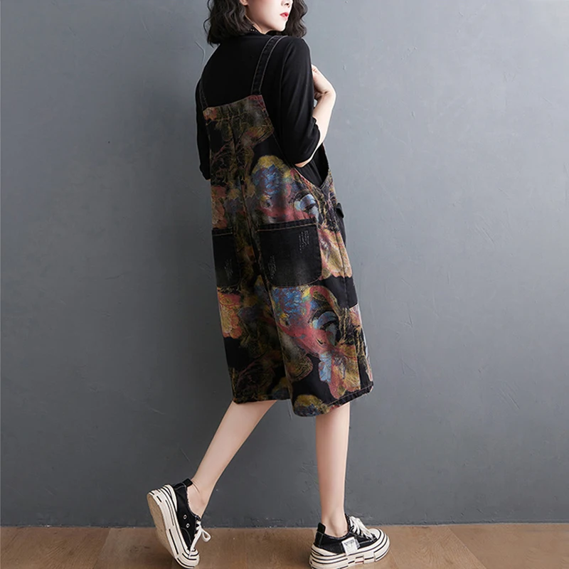 Aricaca High Quality Women Loose Flower Printed Bib Overalls Women Summer Stitched jeans Rompers Shorts