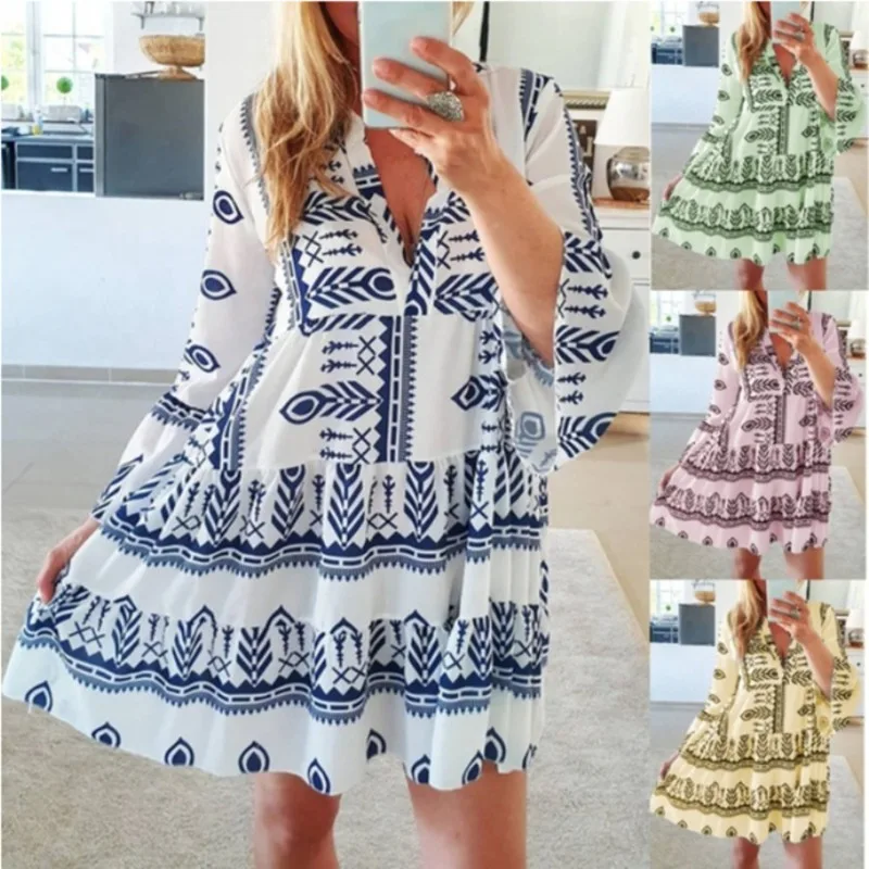 

2023 Spring/Summer New European and American Printed Women's Dress Candy Color Short Skirt Multi Color Multi Size