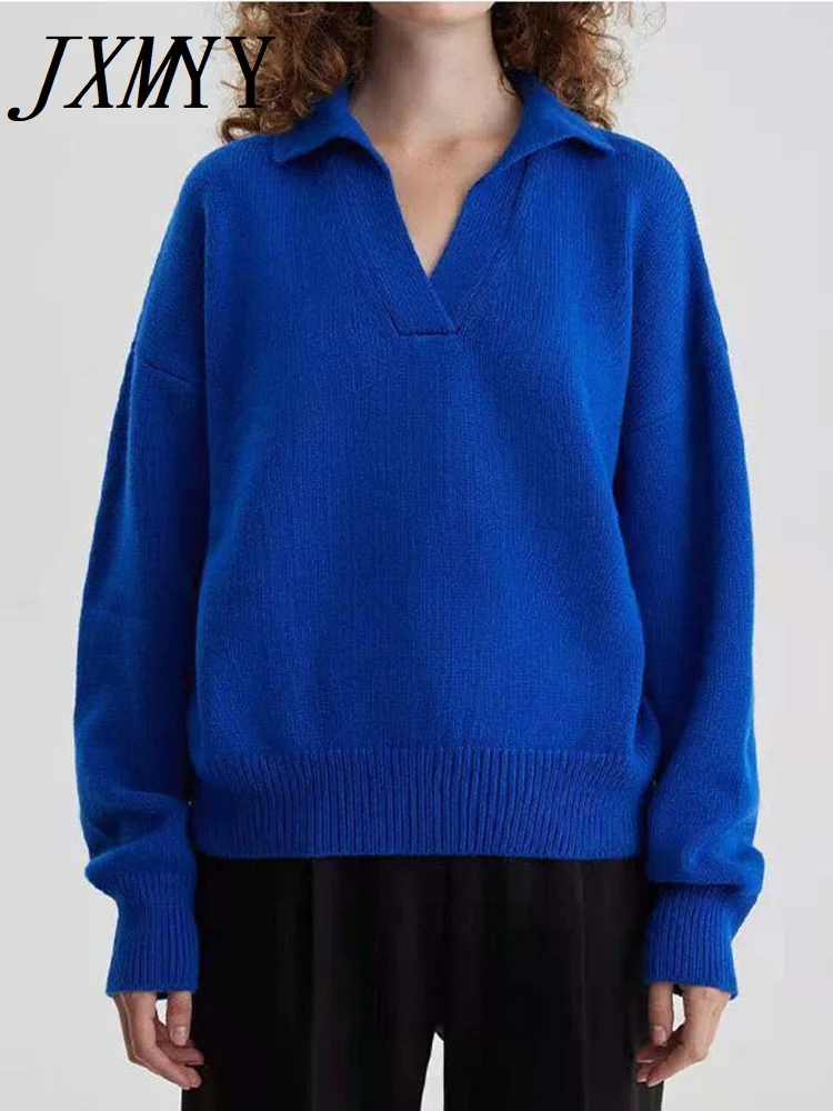 

Осень-зима 2022, новинка, Лидер продаж, пуловер с воротником-поло, повседневный простой Свободный вязаный женский свитер, женская одежда