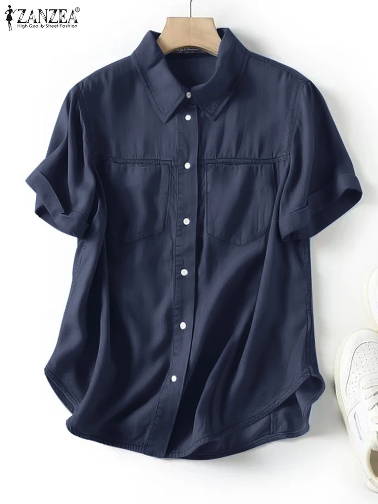 ZANZEA летняя винтажная джинсовая синяя блузка женская элегантная рабочая рубашка
