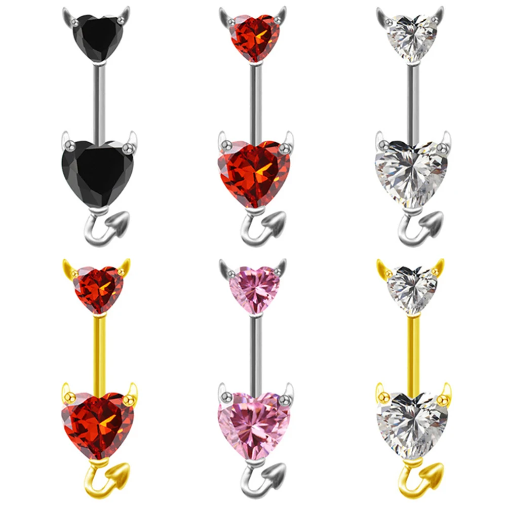 

Zircon Belly Button Rings Goth Devil Love Heart Silver Color Navel Ring For Women Girl Fashion Belly Piercing Body Jewelry Gifts