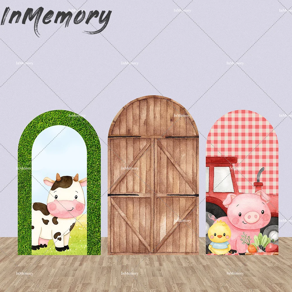 

Green Leaves Animals Cow Arch Backdrop Cover for Baby Shower Party Decor Red Checker Truck Wood Door Birthday Chiara Background