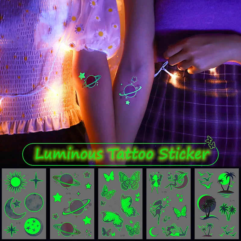 

5pcs Luminous Planet Fashion Women Temporary Child Tattoo Black Roses Design Flower Arm Body Art Large Fake Tattoo Sticker