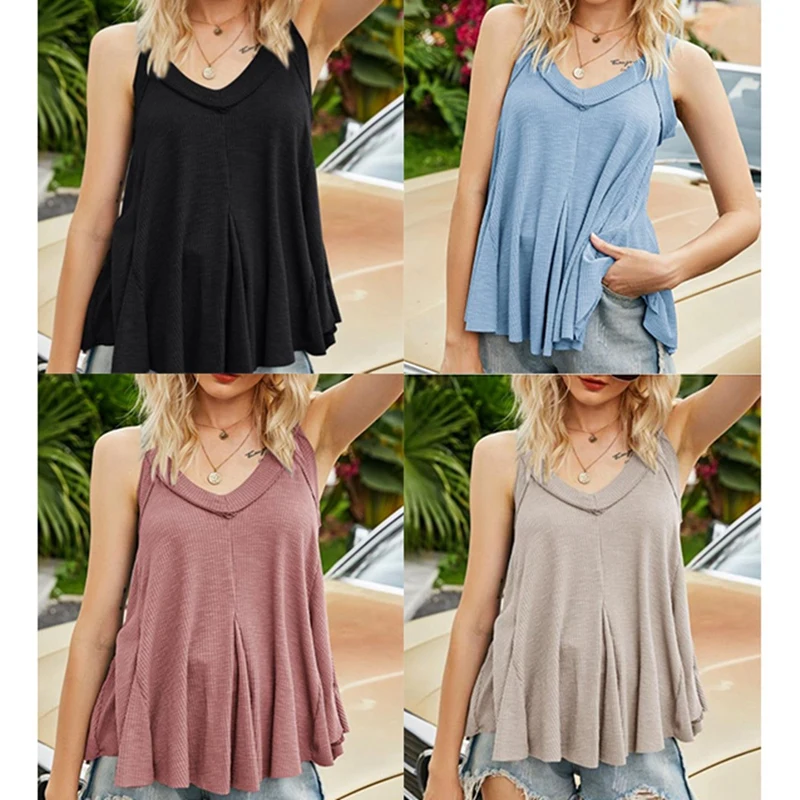 

Women's V-Neck Vest Irregular Multi-Hem Sleeveless Cotton Tops
