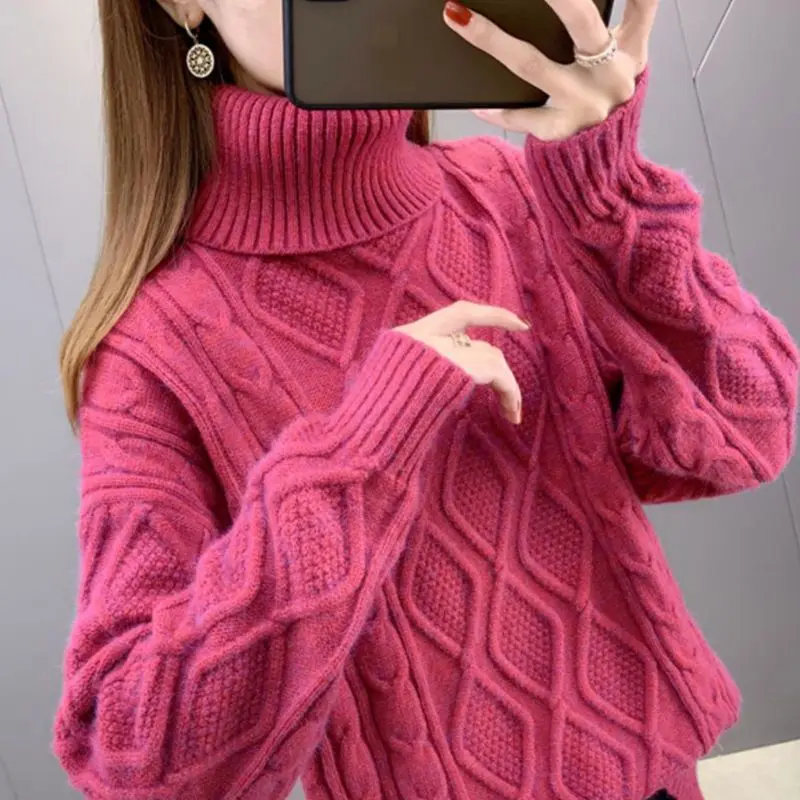 

Basic Sweater Women Turtleneck Geometric Top 2022 Autumn Winter Velvet Pullover Casual Bottoming Knitted Shirts Warm Jumper