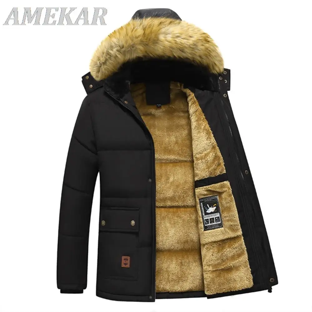 2023 New Men's Winter Parka Fleece Lined Thick Warm Hooded Fur Collar Coat Male Down Jacket Plush Jacket Autumn Work Outwearing