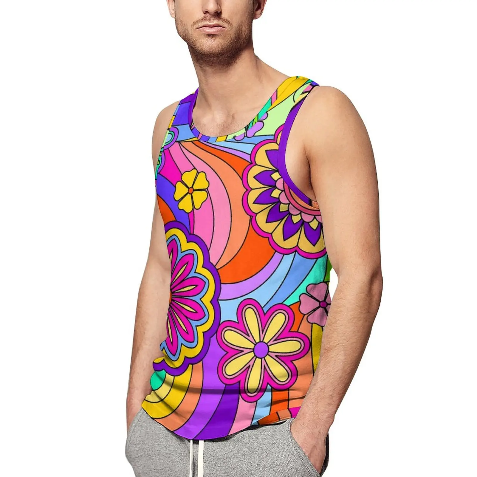 

Retro Flower Power Beach Tank Top Psychedelic Print Gym Tops Men Pattern Sportswear Sleeveless Shirts 3XL 4XL 5XL