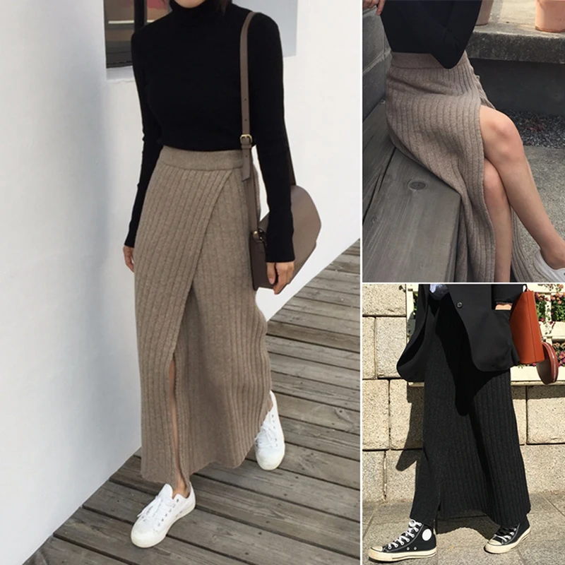 

NEW-Women's Elegant Vintage Side Seam Design High Waist A-Line Skirt Knit Skirt Skirt