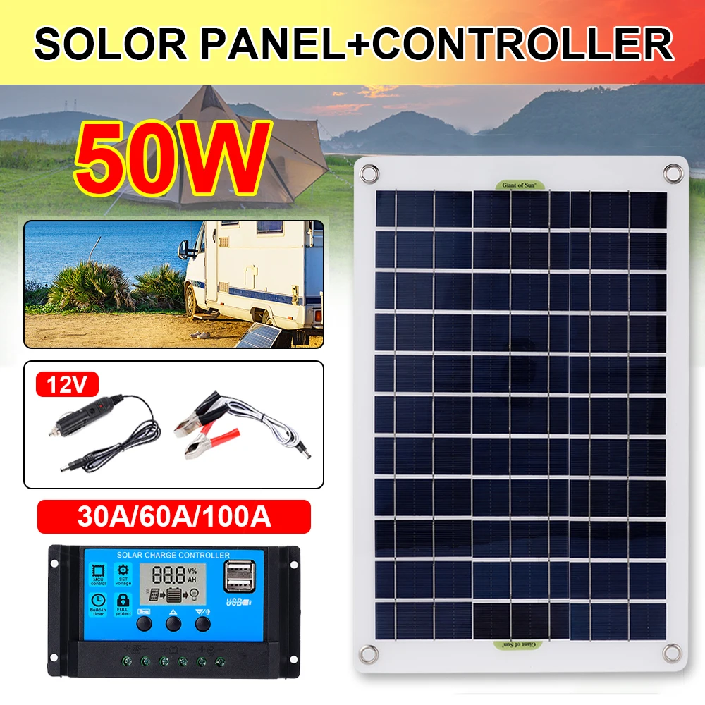 

Солнечная панель 12 В, 50 Вт, 42x2, 8 см, солнечная батарея 30A-100A, контроллер, солнечная панель для телефона, RV, автомобиля, MP3 PAD, зарядное устройство...