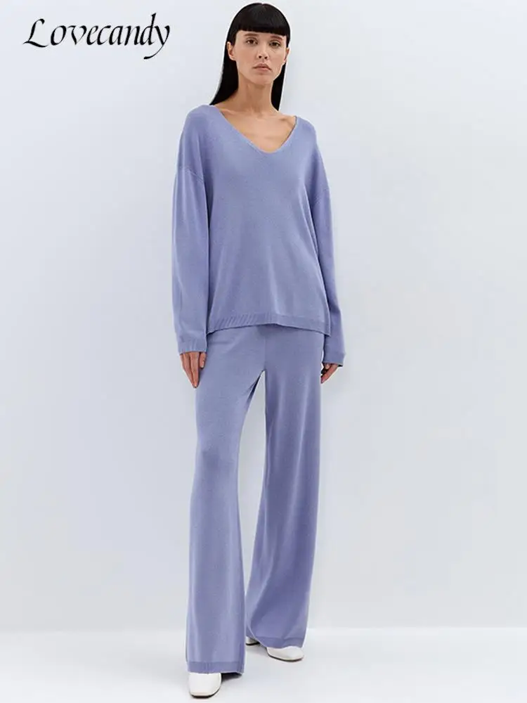 

Women Loose Knit Sweater Two Piece Set Solid V-Neck Long Sleeve Tops+straight Wide Leg Pant Suits Female Fashion Elegant Outfits