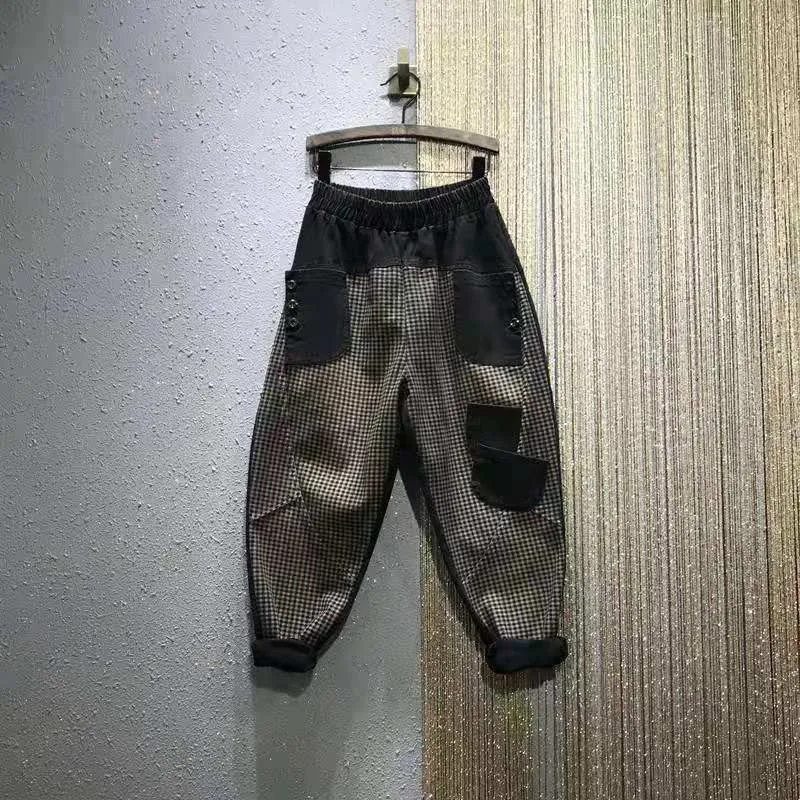 

New Spring European Style Women Casual Elastic Waist Harem Pants Pocket Patchwork Plaid Cotton Denim Ankle-length Jeans W180