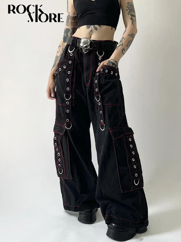 

Rockmore Eyelet Ribbon Patchwork Cargo Pants Gothic Baggy Jeans Low Waist Pockets Y2K Streetwear Denim Wide Leg Trouser Harajuku