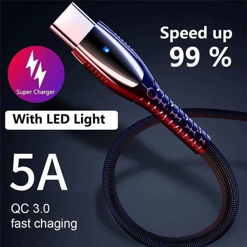 

USB-кабель зарядный, 5 А, со светодиодной подсветкой, Micro USB
