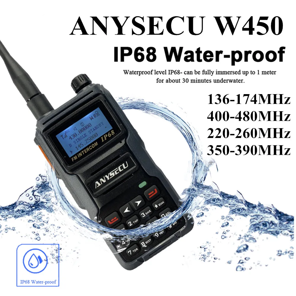 ANYSECU W450 5W Quad Band Dual Disply IP68 Waterproof Handheld Walkie Talkie 3800mAh FM Radio