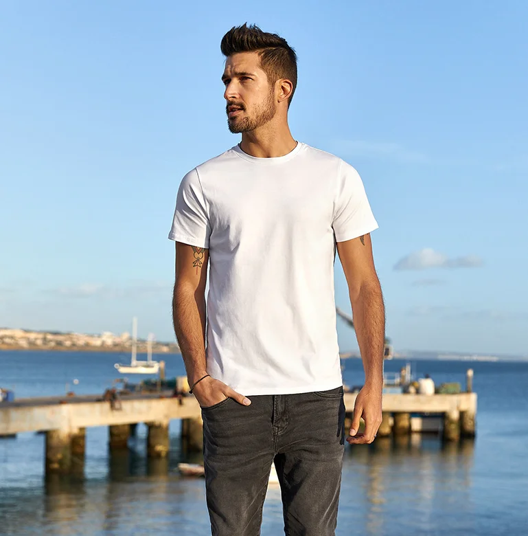 V7871-  Men's short sleeved T-shirt summer men's slim fit men's white top round neck solid color bottomed shirt