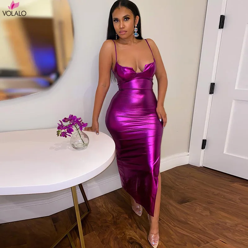 

VOLALO Reflective Spaghetti Straps Maxi Dress for Women Hottie Sexy Low Cut Bustier Bodycon Split Club Party Vestidos Long Robe