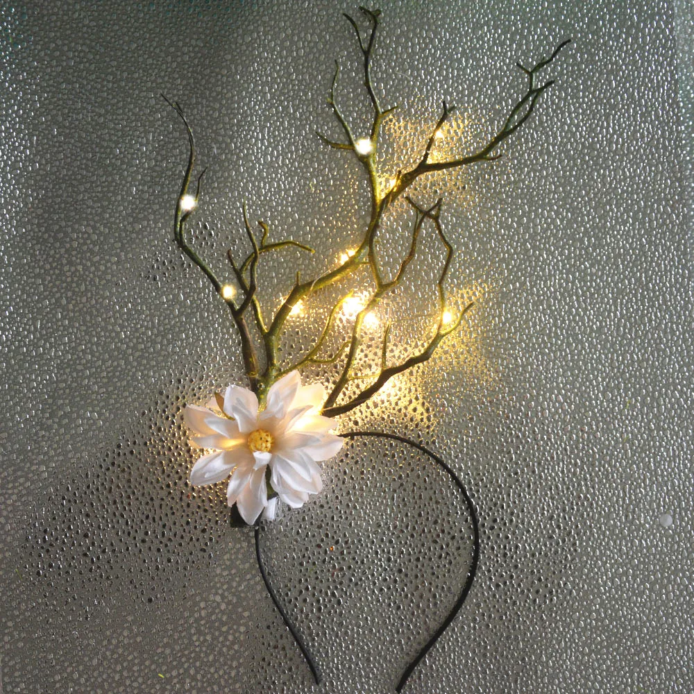 

Women Girls Flashing Lights LED Deer Antler Flower Headbands Halloween Chritmas Long Branches Horns Forest Goddess Photo Shoot