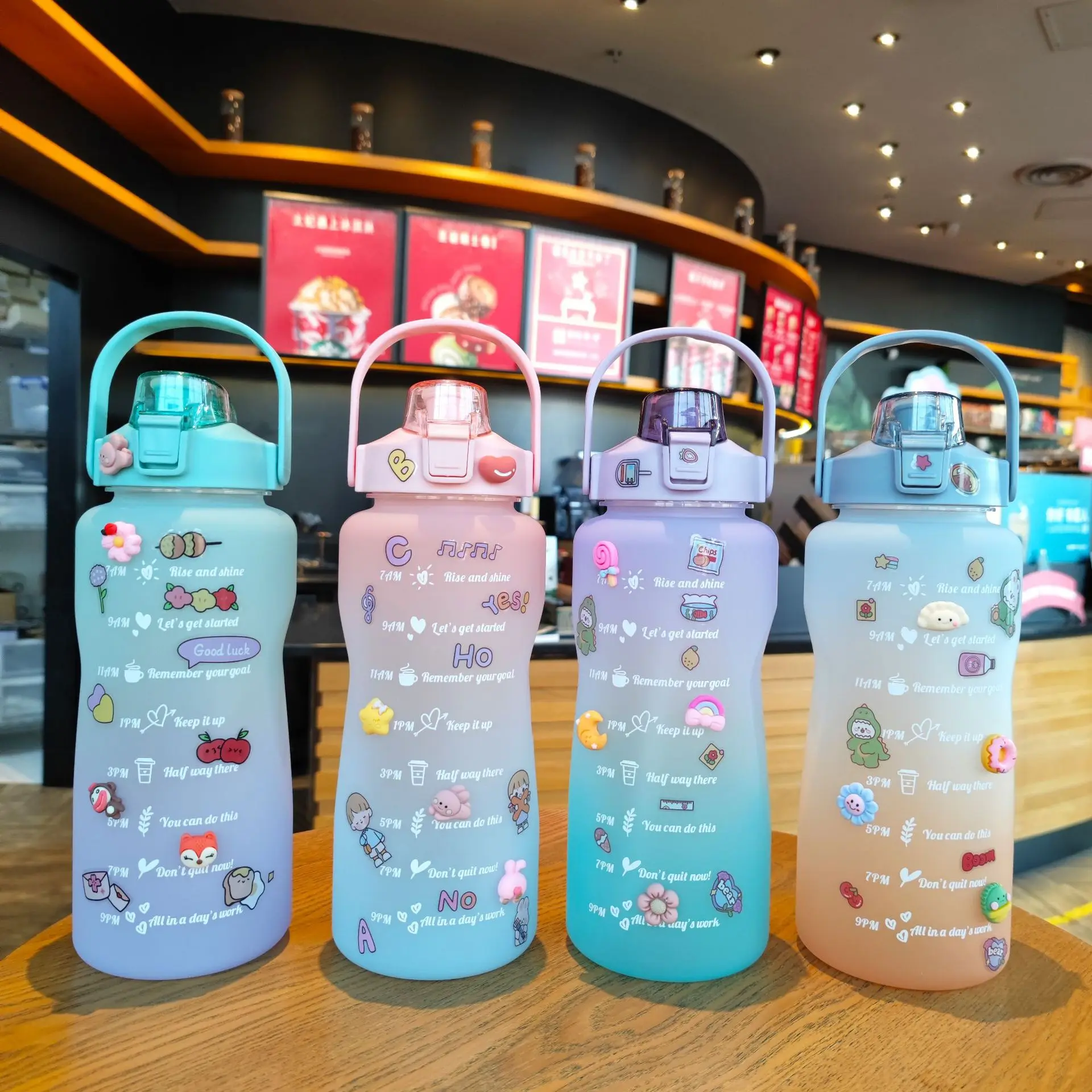 2 Liter Large Capacity Free Motivational With Time Marker Fitness Jugs Gradient Color Plastic Water Bottle Frosted Stickers Cup