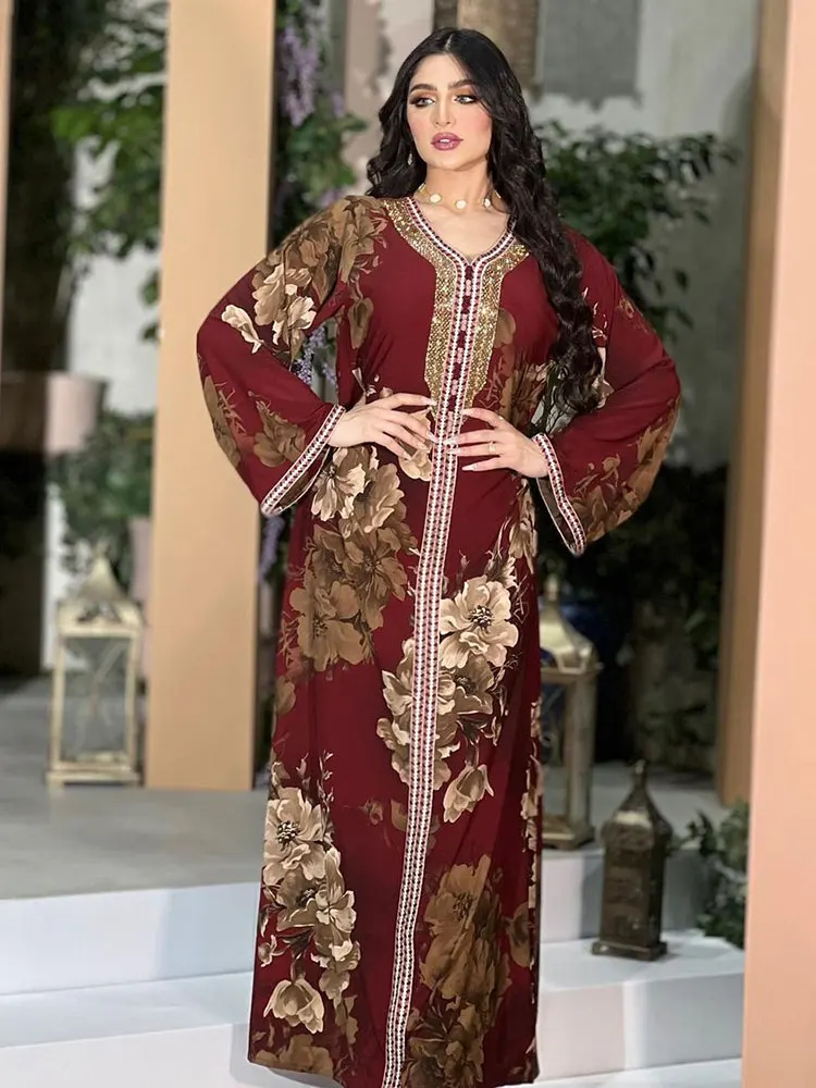 

Floral Printed Abaya Long Dress Women Diamonds Arabic Party Muslim Loose Robe Saudi Gulf Jalabiya Moroccan Kaftan Maroon