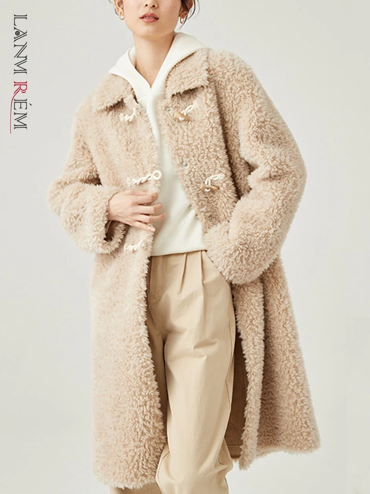 

LANMREM 2022 Autumn Winter New Wool Fur Coat Women Warm Long Sleeves Single Breasted Fashion Mid-length Coats Female 2W353