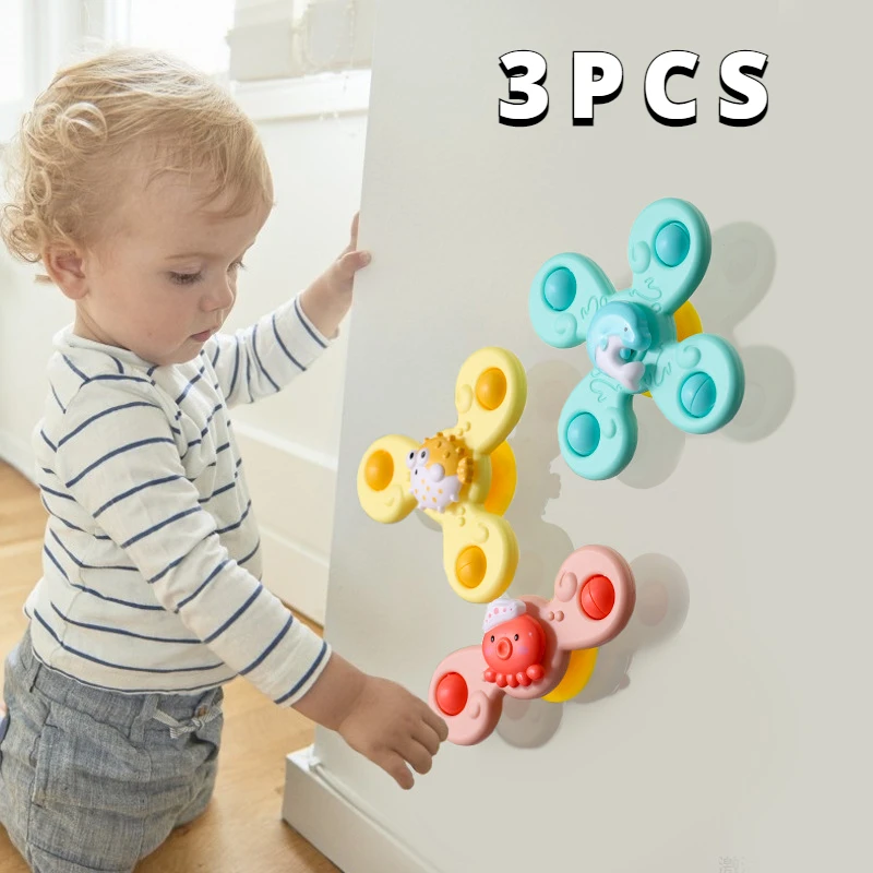 

3Pcs/Set Baby Bath Toys Funny Bathing Sucker Spinner Suction Cup Cartoon Rattles Fidget Educational Toys Spinning top Baby Toys