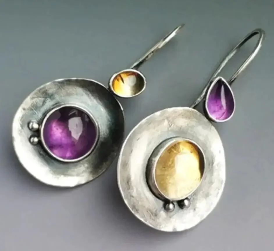 Круглые фиолетовые оранжевые асимметричные украшения висячие серьги с лунным