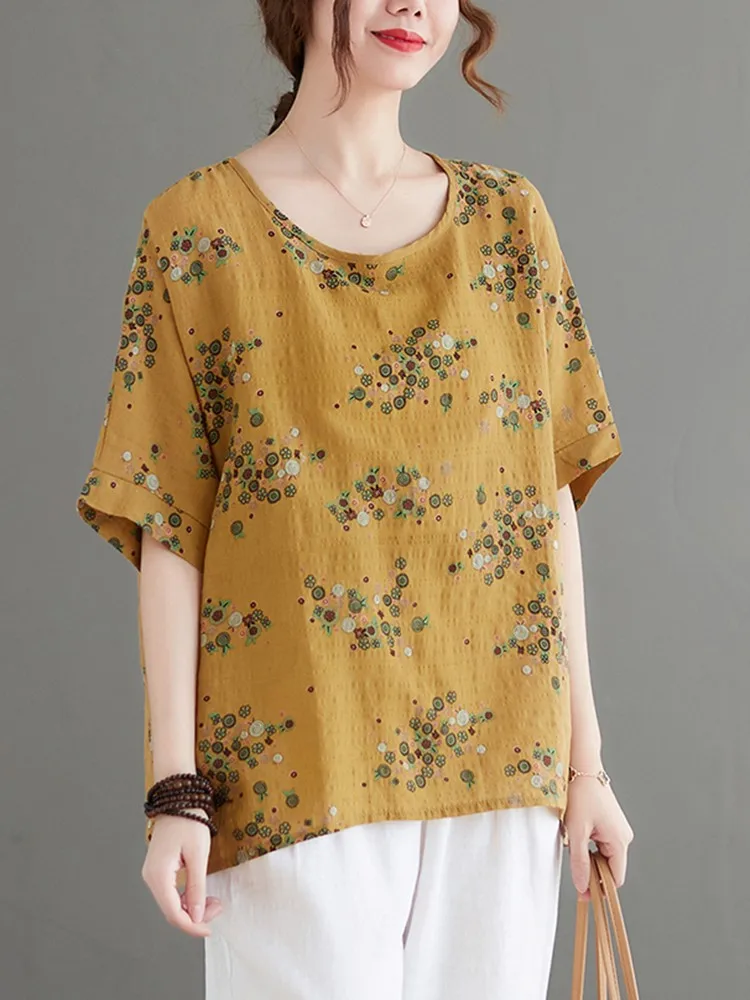 100% Cotton Women Casual T-shirts New Arrival 2022 Summer Vintage Style Floral Print Loose Female Short Sleeve Tops Tees B1660 |