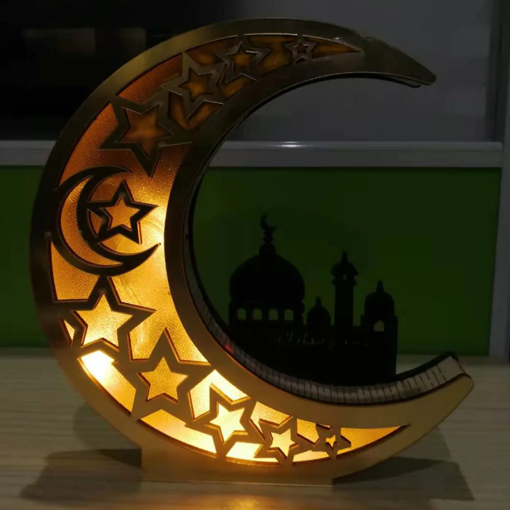 

Eid Crafts Night Light, Handmade 3D Wooden Moon Shape LED Lights Decor, Ramadan Mubarak Lamp Decorations