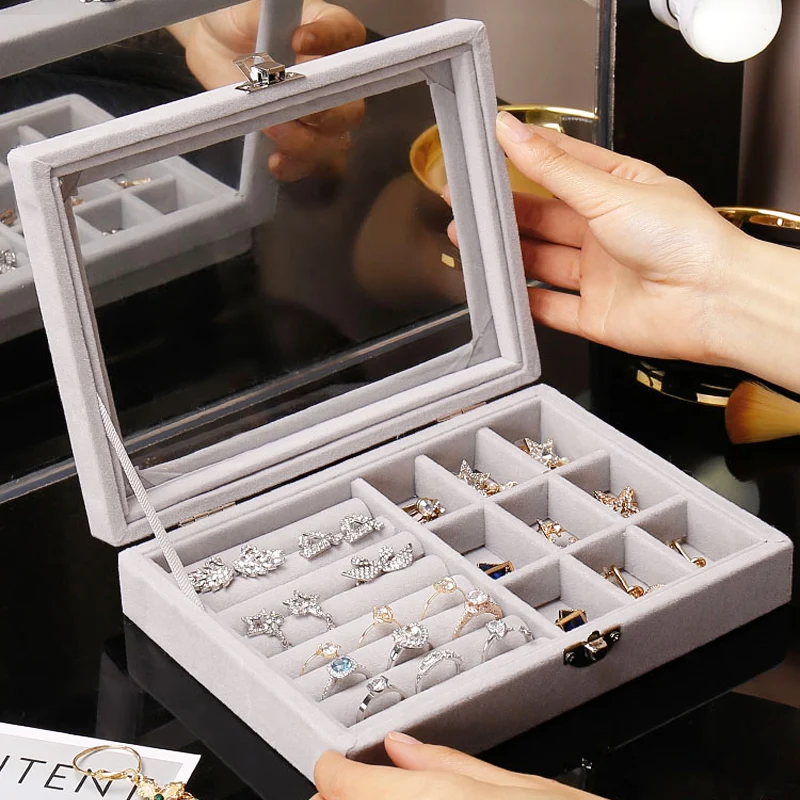 

Бархатная стеклянная коробка-органайзер для демонстрации колец, сережек, ювелирных изделий, подставка для ювелирных изделий, витрина, упак...