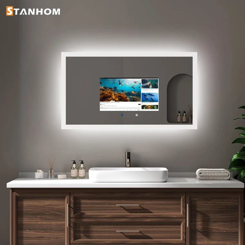 Фото Зеркало STANHOM для ванной комнаты Android 11, умное светодиодное зеркало с сенсорным экраном №5