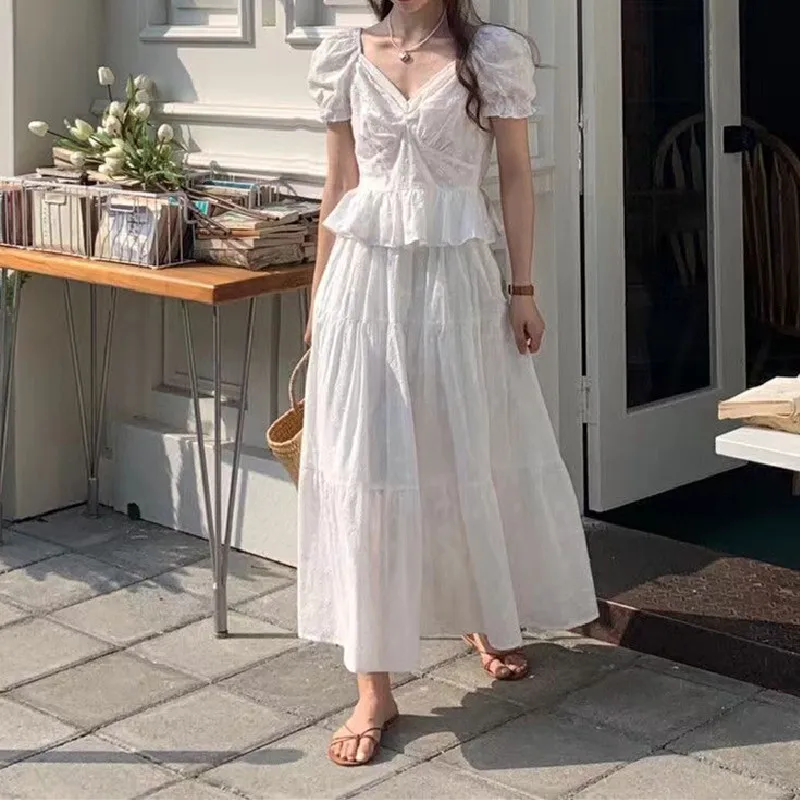 

Vintage 2 Piece Sets Women Outfit Summer 2023 Korean Fashion Embroidered Tops Shirt + High Waist Long Skirt Suits Two Piece Set