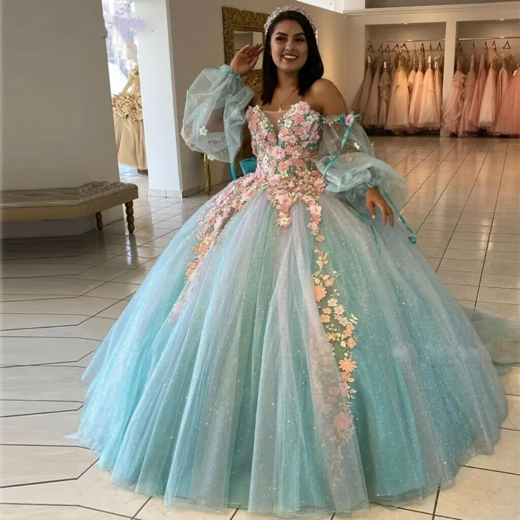 

Iridescent Ball Gown Quinceanera Dresses Cinderalla Off Shoulder 3D Flowers Cospllay Formal Prom Sweet 16 Dress Masquerade