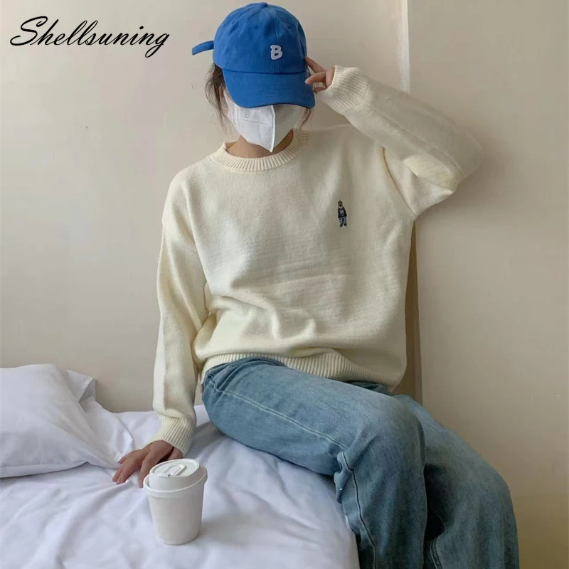 

Женский вязаный свитер Shellsuning, однотонный минималистичный пуловер с круглым вырезом и вышивкой, повседневные Джемперы для зимы