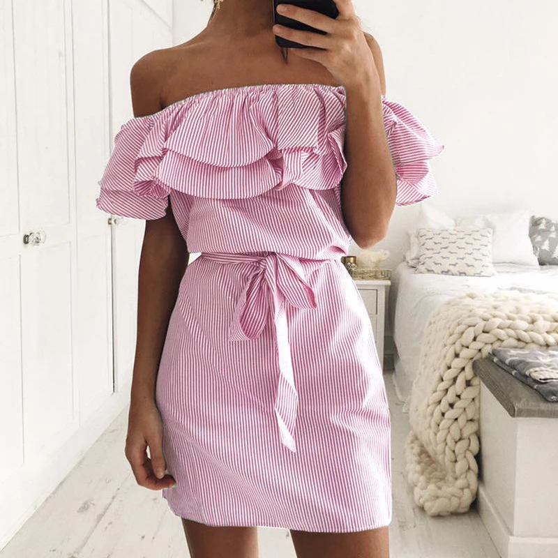 

Женское платье с открытыми плечами, элегантное платье-трапеция в полоску с бантом, летнее модное Повседневное платье с оборками и цветочным...