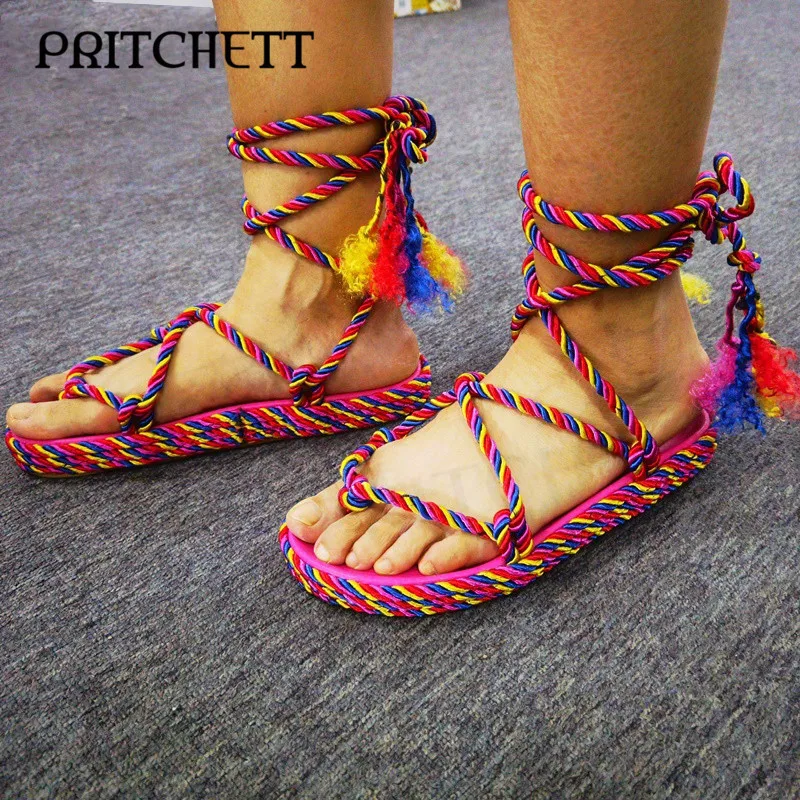 Blue and Red Color-Block Woven Flip-Flops Woven Heightened Round Toe Cross-Strap Sandals Fashion Tassel Platform Sandals