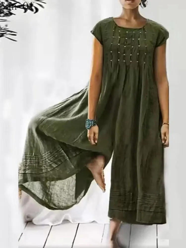 

Casual Lady Jumpsuit Cotton Linen Comfortable Romper Short Sleeve Solid Color Casual Jumpsuit Wide-Leg Baggy Jumpsuits Women