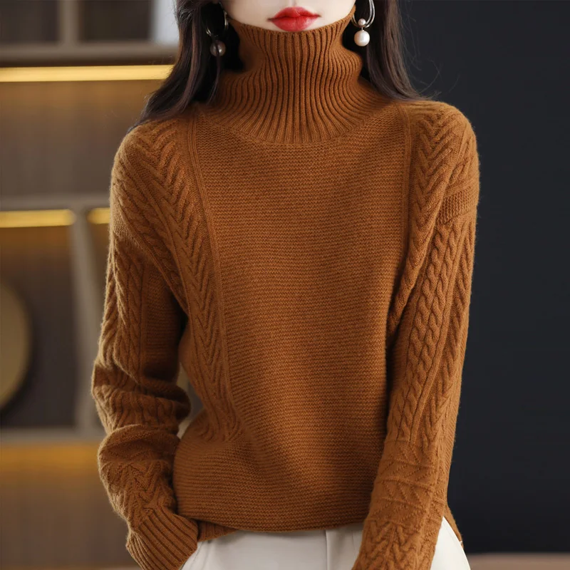 2022 Thickened 100% Pure Wool Women's Turtleneck Pullover Sweater Loose Twisted Knit Base Sweater