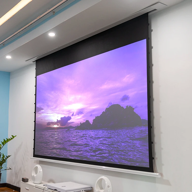 

MGF Screen ALR black diamond projector screen hidden in-ceiling tab-tensioned motorized projection screens