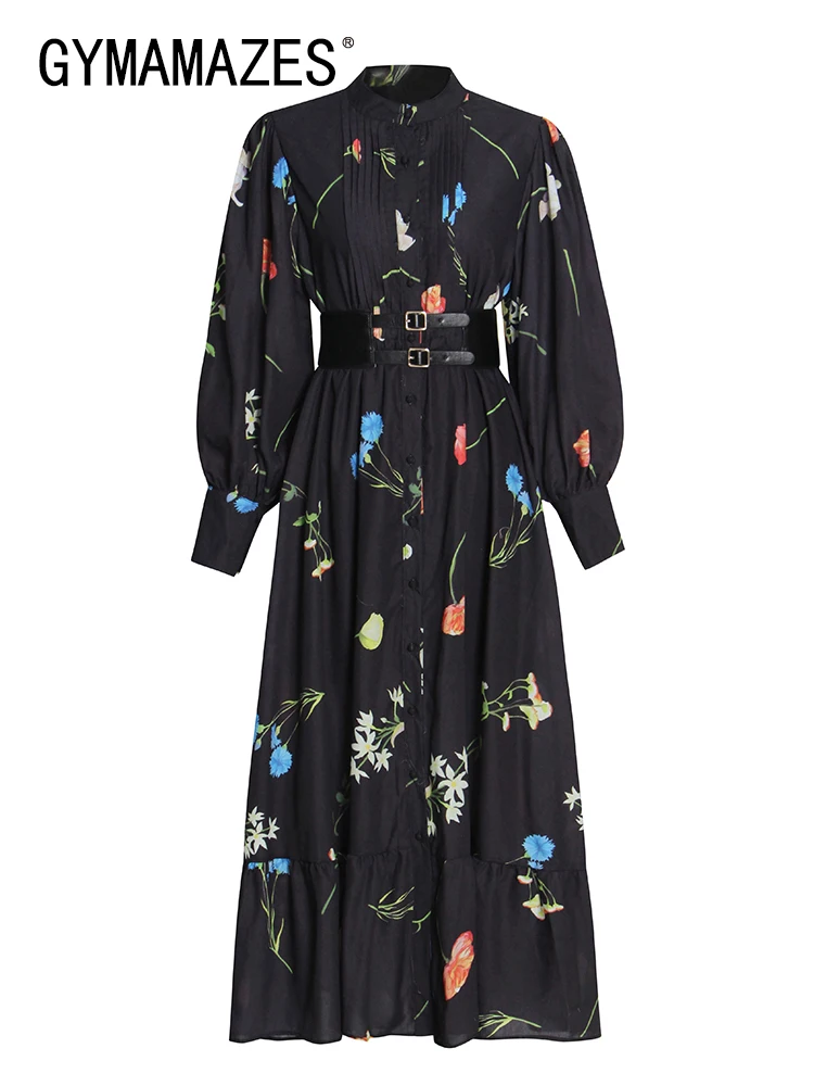 

Женское плиссированное платье GYMAMAZES, длинное лоскутное платье с цветочным принтом, воротником-стойкой и рукавами-фонариками и рюшами, женск...