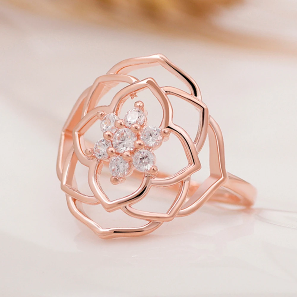 Trendy Brand Sparkling Flower Rose Ring Womens Christmas Jewelry Gift Ladies Fashion Heart & Promise Rings