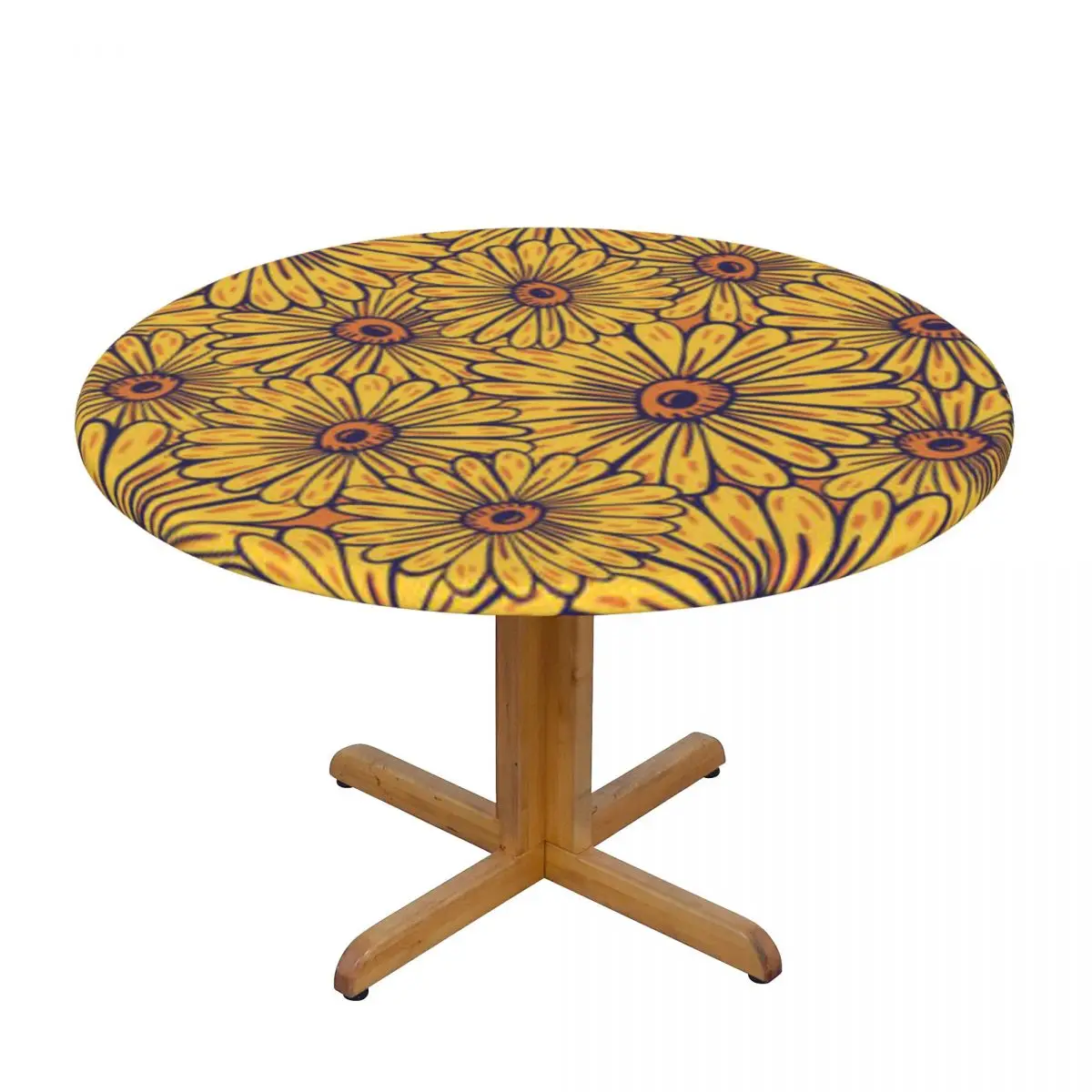 

Round Table Cover for Dining Table Elastic Tablecloth Yellow Sunflowers Fitted House Hotel Decoration