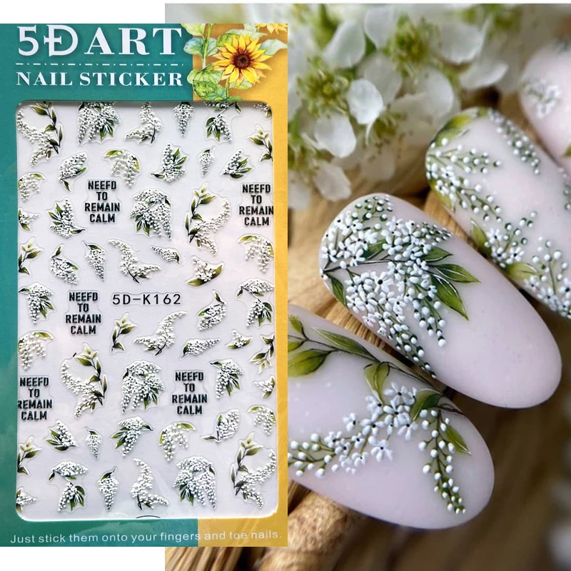 

5D Embossed Foil Nail Art Stickers White Lily of The Valley Tulip Dreamcatcher Gel Polish Wedding Flower Engraved Slider Tips