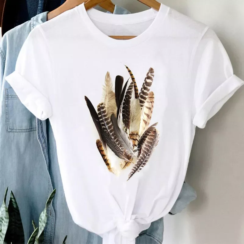 

Women 90s Feather Printing Cute Fashion Ladies Spring Summer Clothes Graphic Tshirt Top Lady Print Female Tee T-Shirt