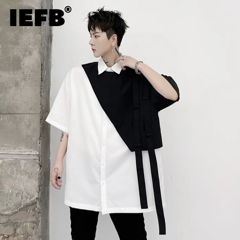 

IEFB Men's Short Sleeve Shirt Contrast Color Niche Design Splicing Fake Two Piece Loose Shirts 2023 Spring New Fashion 9A7479