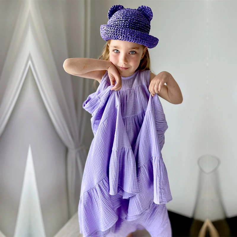 

100% Cotton Muslin Girls Sleeveless Dress 2022 Summer New Children's Ruffle Casual Loose Beach Maxi Dresses TZ037