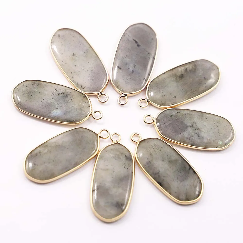 

Natural Stone Labradorite Multicolor Ellipse Plane Gilt Edge Necklace Pendant Diy Fashion Jewelry Gift Accessorie Wholesale 8Pcs